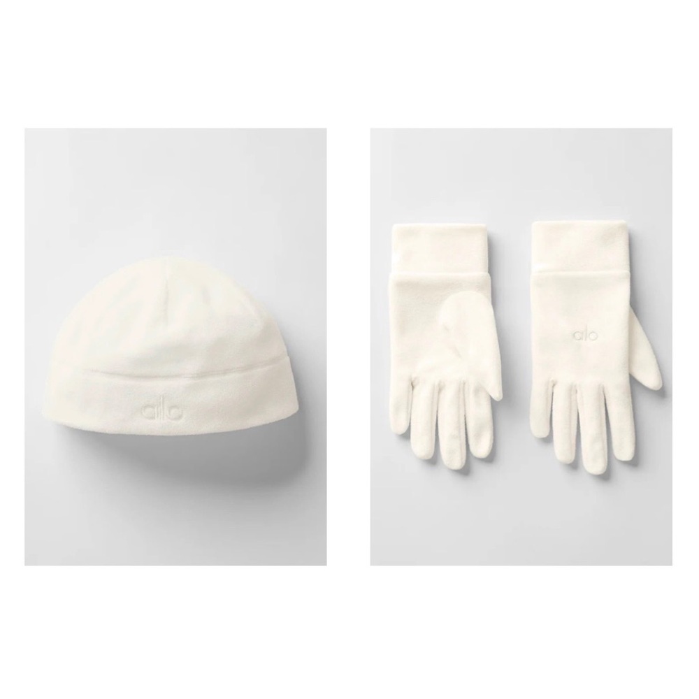ALO Performance Fleece Glove & Beanie Set Ivory NWT